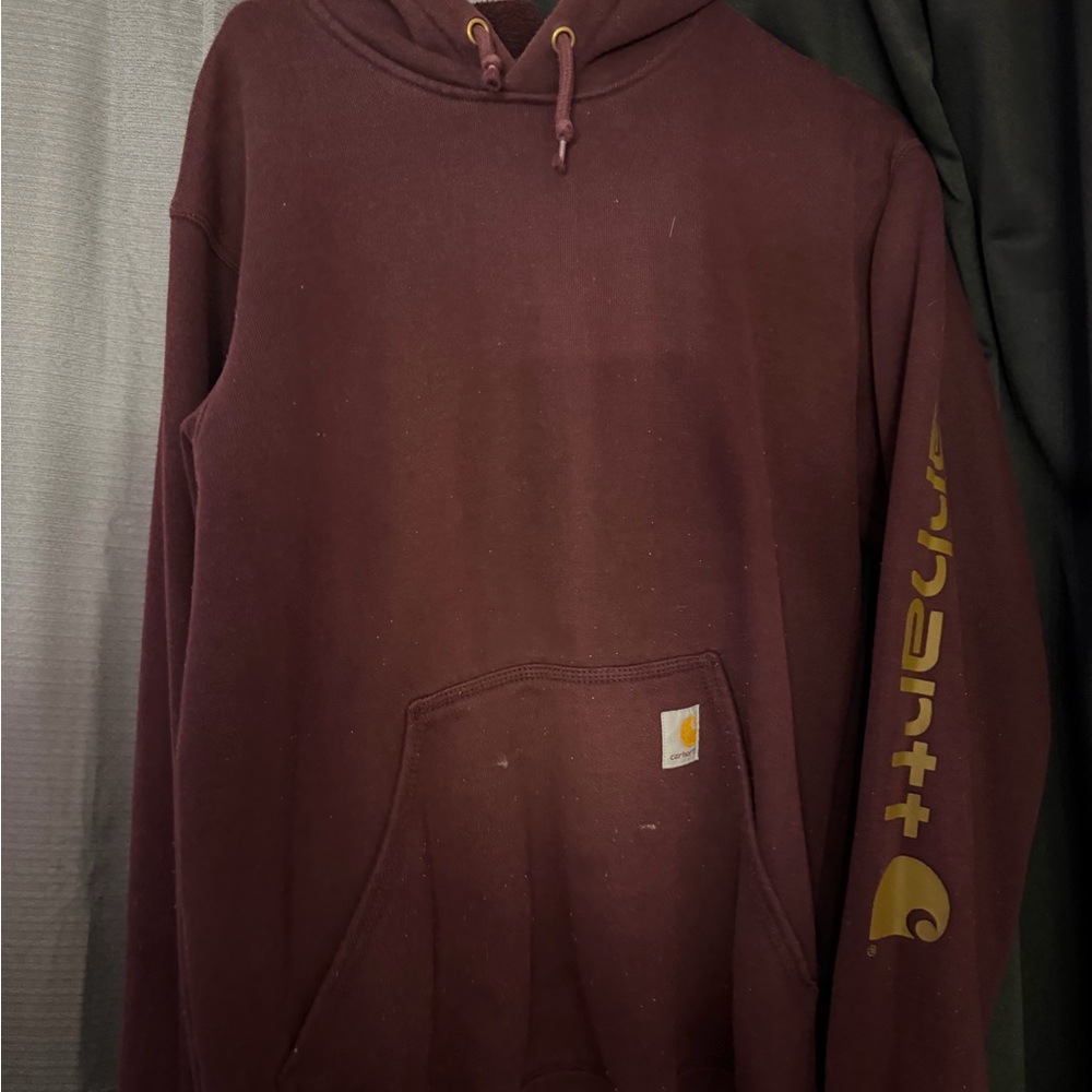 Carhartt Maroon Pullover Hoodie with Gold Sleeve Logo